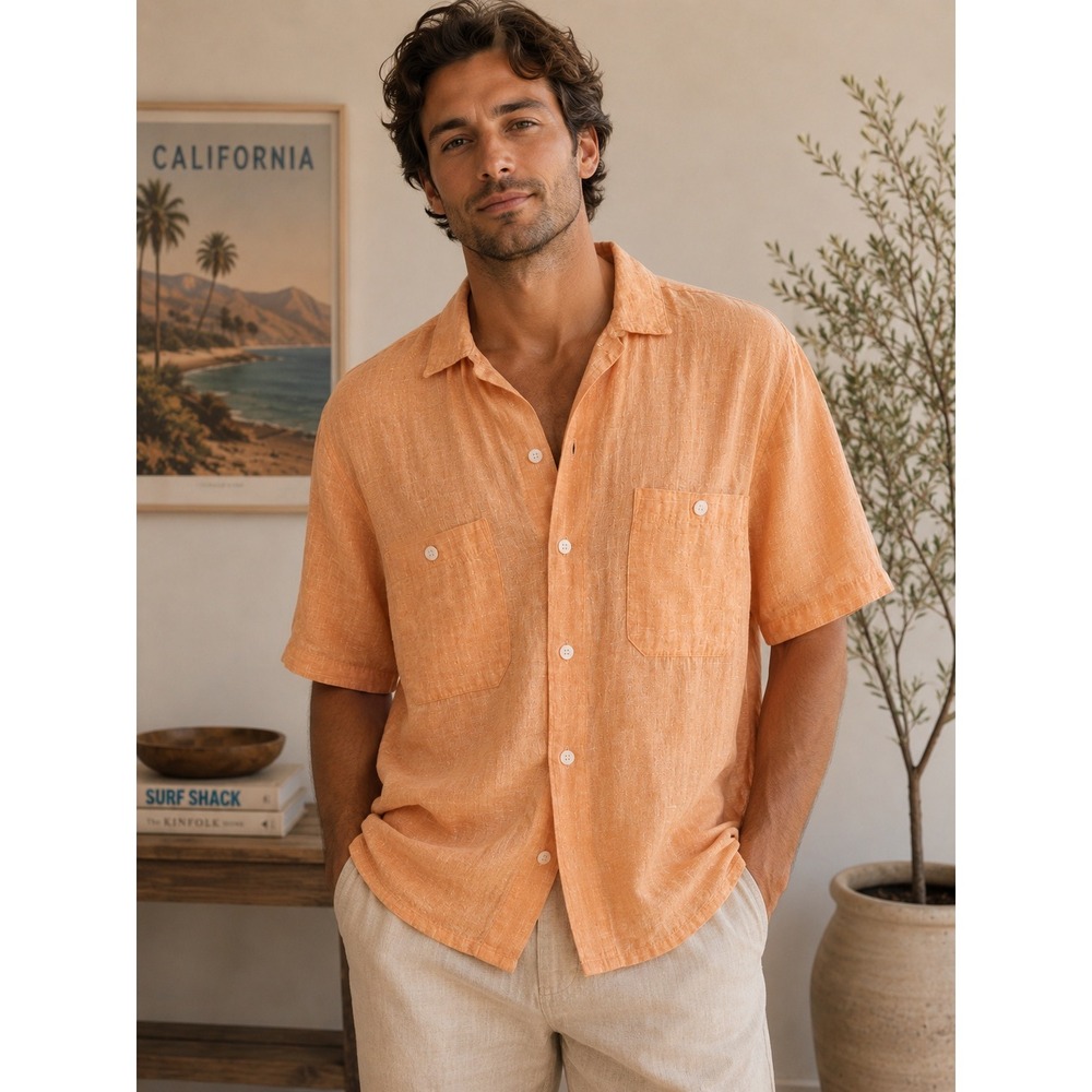 C&C CALIFORNIA Linen Button Down Shirt Beach Casual Mens L Orange Streetwear